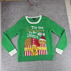 Joe Boxer Long Sleeve Green Christmas Sweater Womens L Sloth Ugly Funny